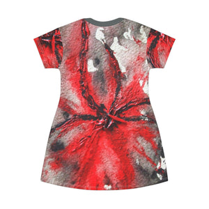 Abstract Red Floral T-Shirt Dress - Bold and Unique Fashion Statement