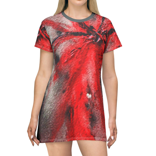 Abstract Red Floral T-Shirt Dress - Bold and Unique Fashion Statement