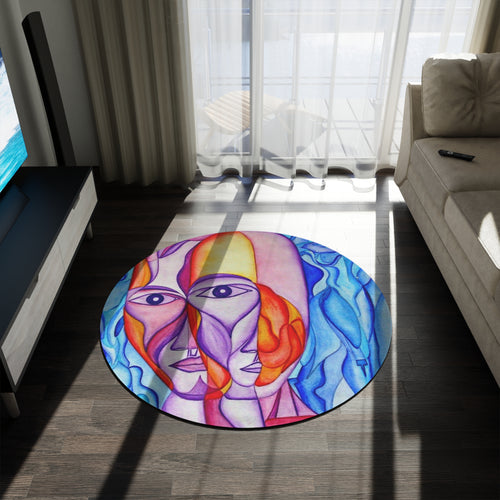 Artistic Round Rug - Colorful Abstract Faces Design for Home Decor